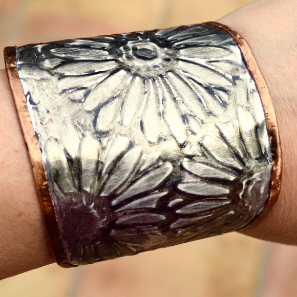 Sunflower Wide Cuff Solid Copper Silver Bracelet Boho Rustic Gladiator Spartan - Picture 3 of 14